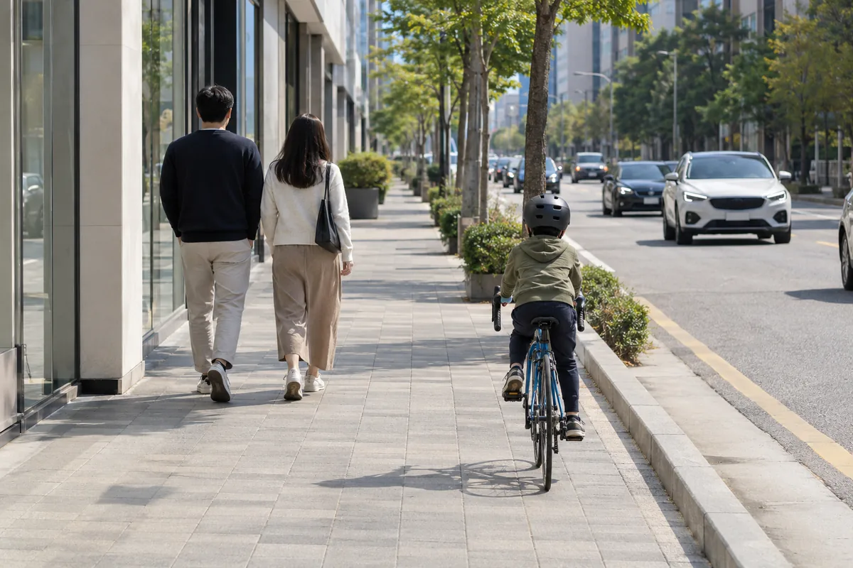 넓은 보도에서 어린이가 헬멧을 쓰고 차도와 가까운 쪽으로 천천히 자전거를 타고, 어른 보행자 두 사람은 건물 쪽으로 걷는 모습을 뒤에서 찍은 사진